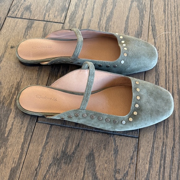 Madewell Olive Green Suede Studded Mary Jane Mules - Picture 3 of 3